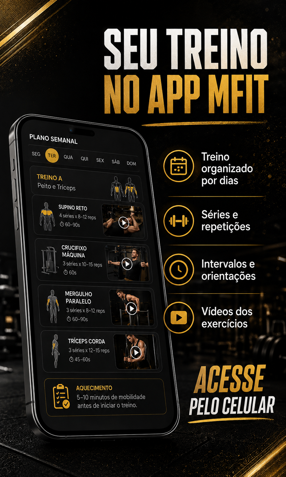 Arte Seu treino no app MFIT mostrando a tela do plano semanal com exercícios, séries e repetições, ao lado dos destaques: treino organizado por dias, séries e repetições, intervalos e orientações e vídeos dos exercícios.