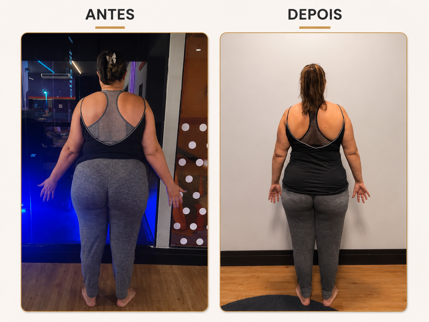 Antes e depois de aluna, vista de costas: redução de medidas após acompanhamento de treino.