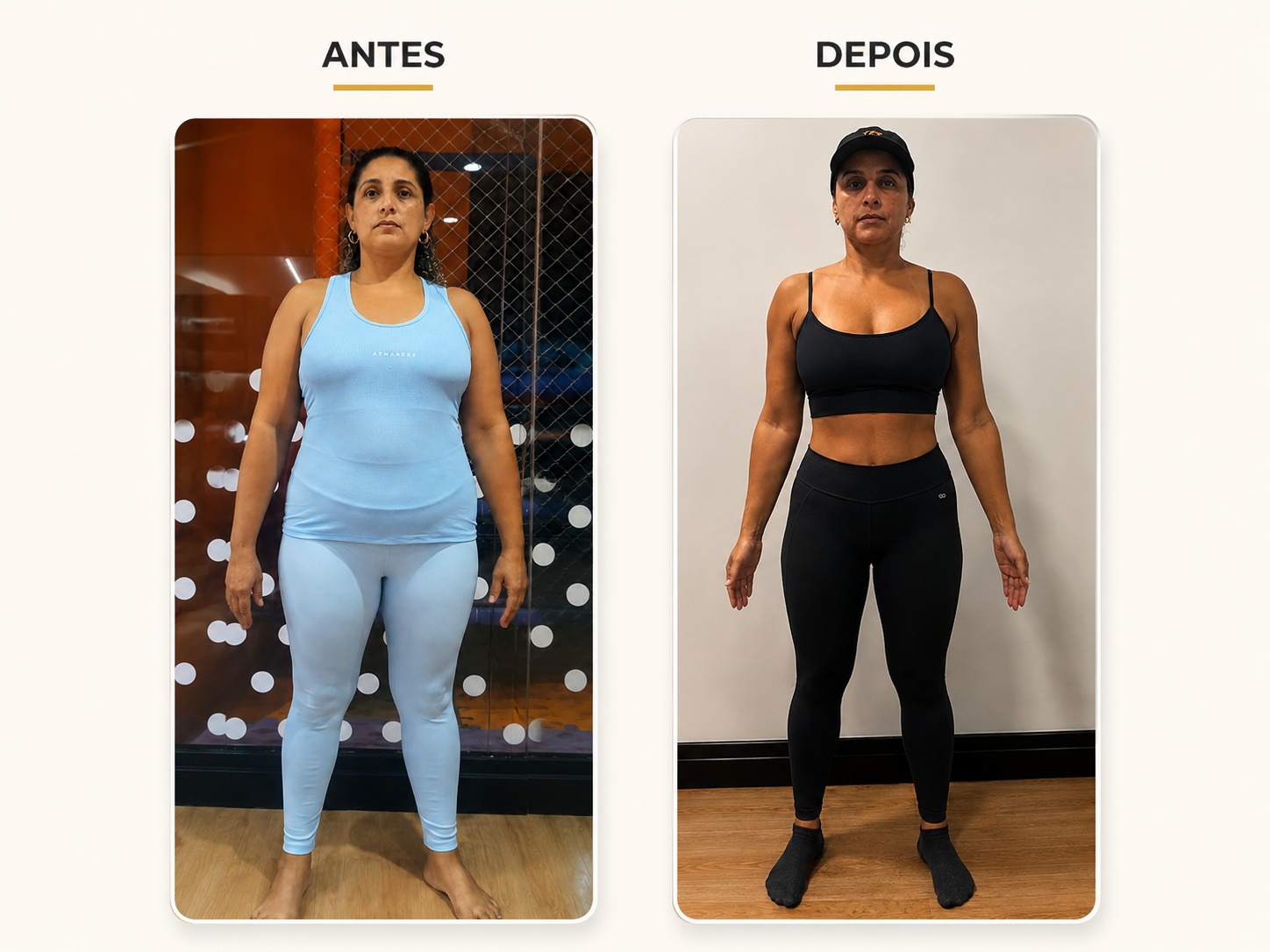 Antes e depois de aluna: redução de gordura corporal e mais definição.