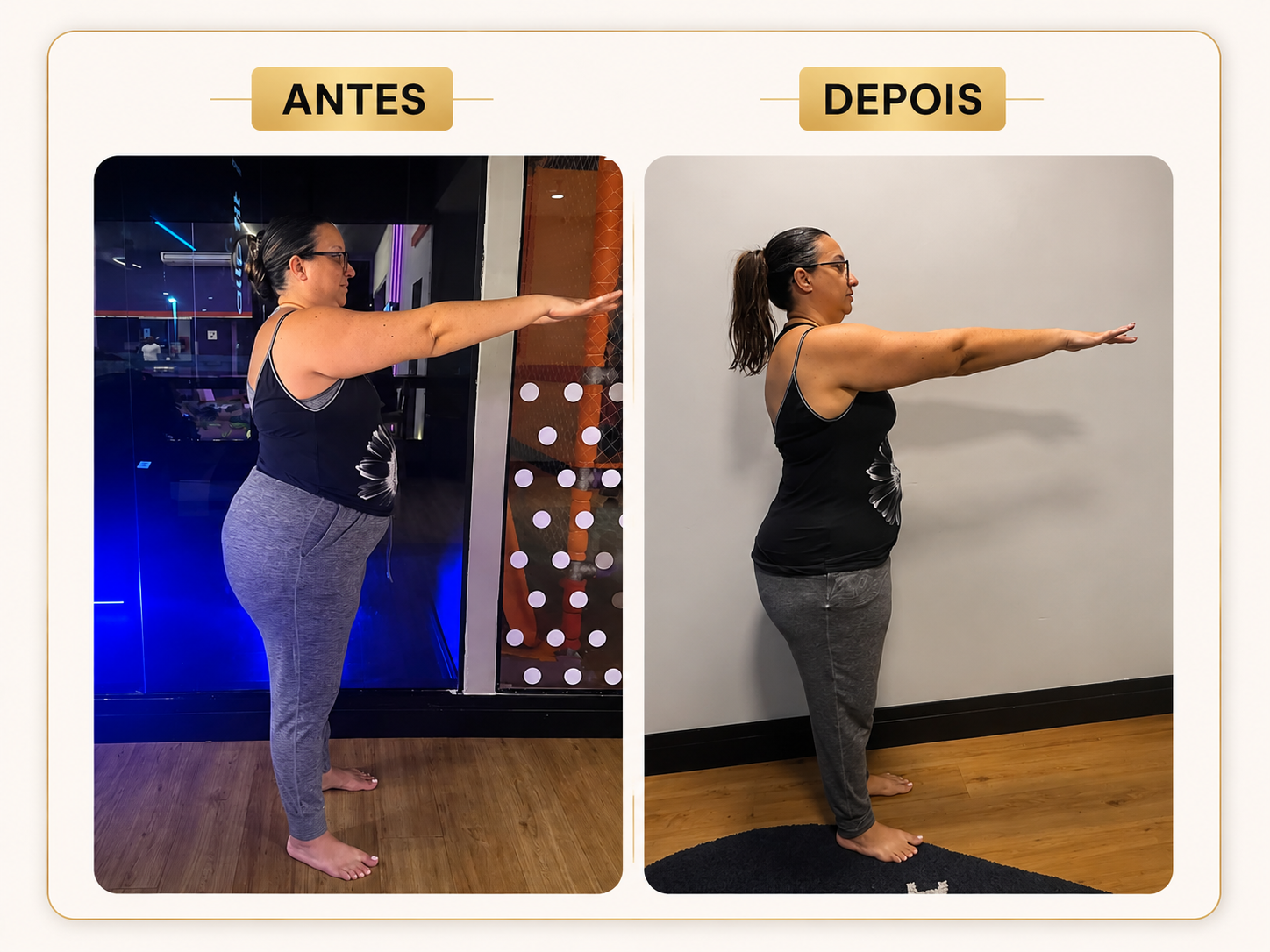 Antes e depois de aluna, vista de perfil: melhora de postura e composição corporal.