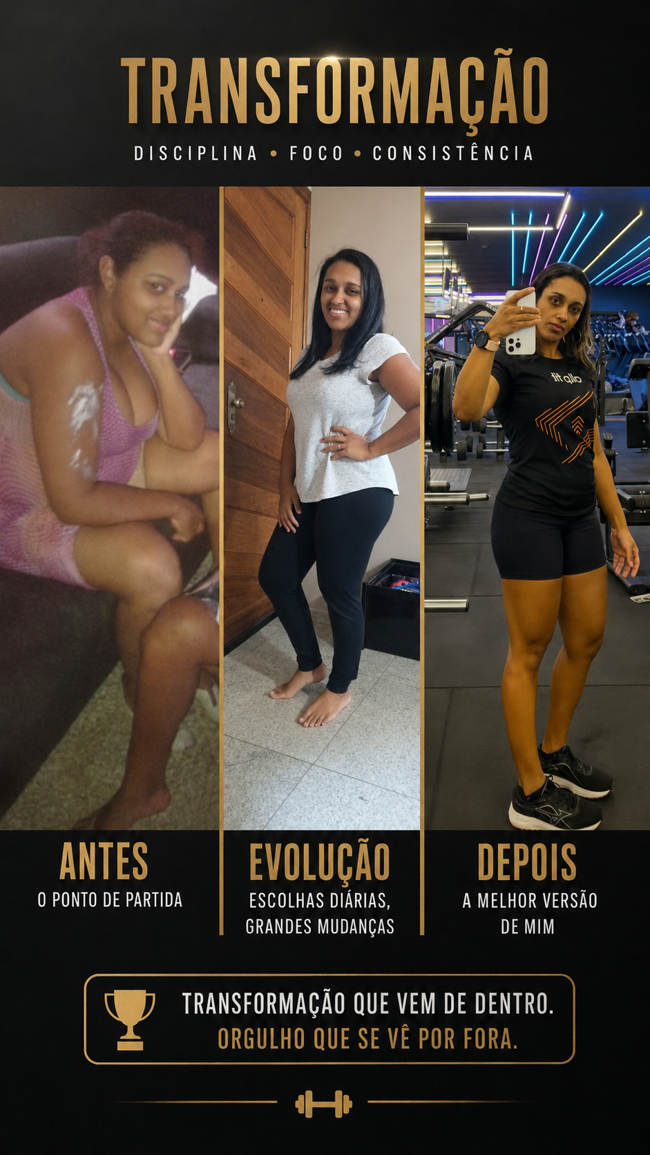 Linha do tempo de transformação de aluna: antes, evolução e depois.