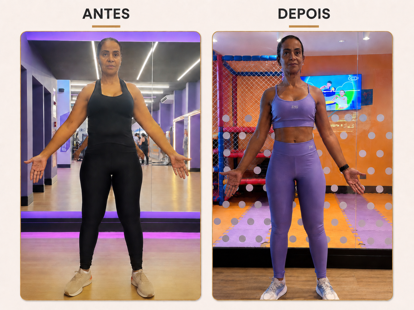 Antes e depois de aluna: ganho de definição muscular após acompanhamento de treino.