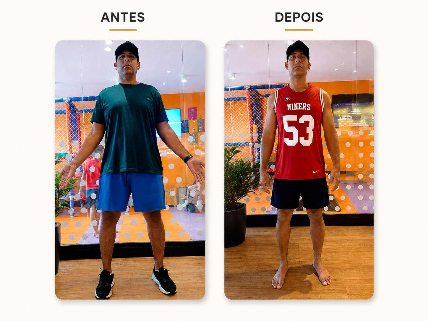 Antes e depois de aluno: perda de gordura e ganho de massa muscular.