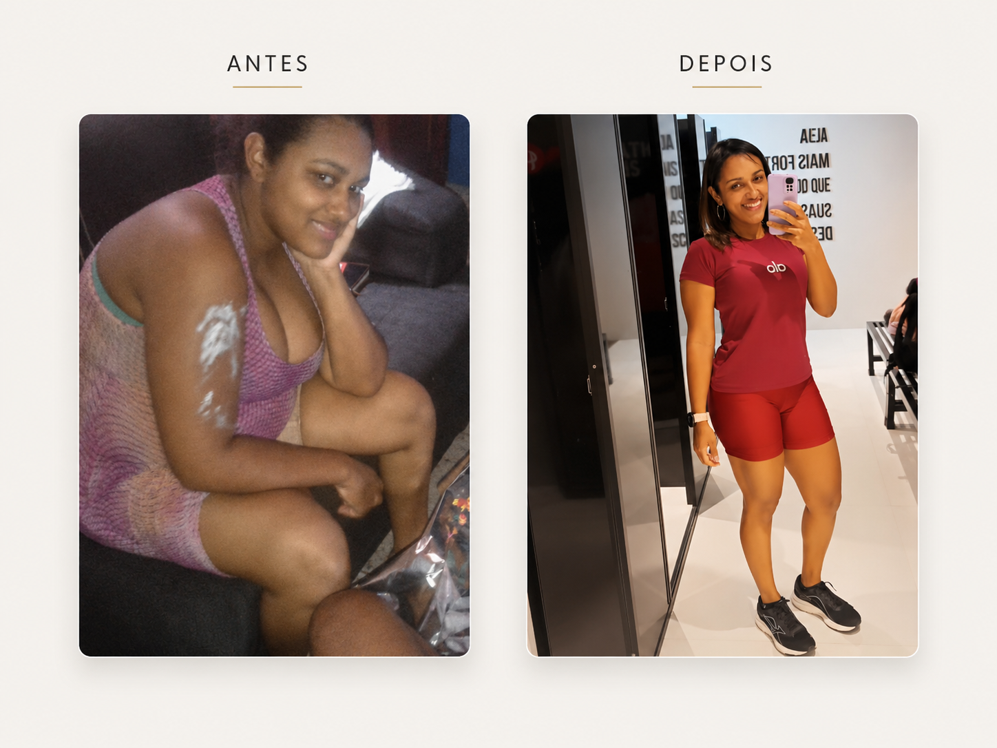 Antes e depois de aluna: mudança de composição corporal ao longo do processo.